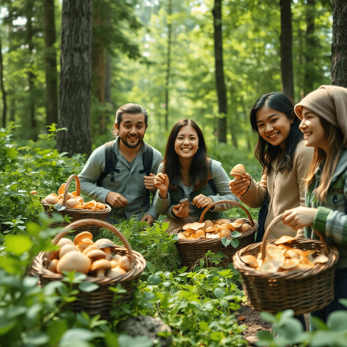 A group of people joyfully foraging for mushrooms in a lush Canadian forest, with baskets filled with various wild mushrooms and sunlight filtering through the vibrant greenery.