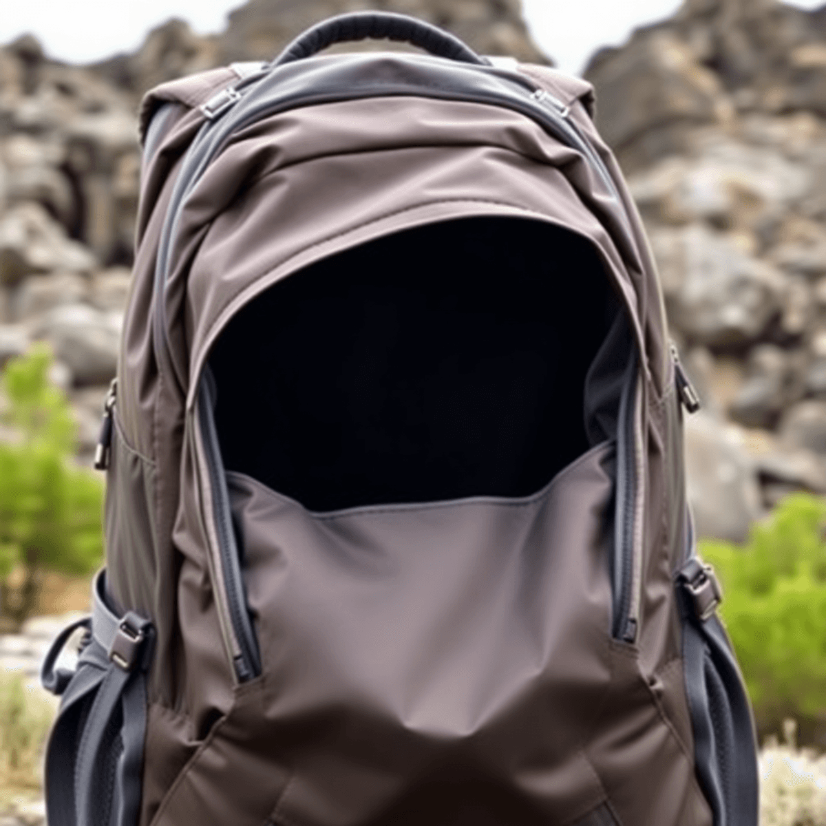 Close-up of a high-quality bag with a unique Y-shaped opening, set against a rugged outdoor backdrop, showcasing its advanced design and adventurous spirit.