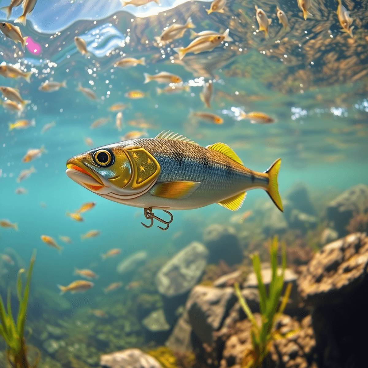 A colorful Rapala Countdown lure submerged in clear water, surrounded by schools of baitfish and underwater rocks and plants, with sunlight filtering through.