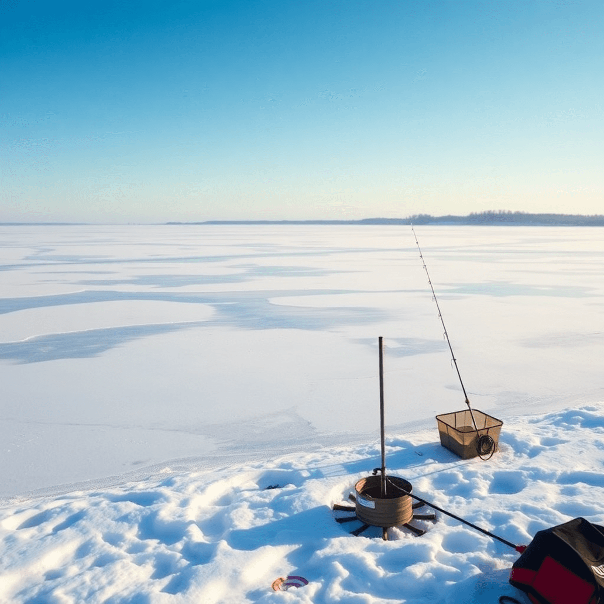 A tranquil winter landscape featuring frozen lakes in Alberta and Saskatchewan, with ice fishing gear like augers and tip-ups under a clear blue sky.