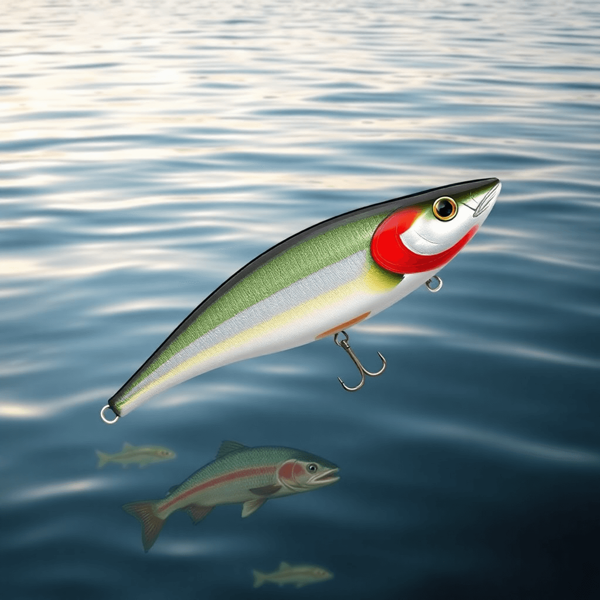 A Rapala Original Floating Minnow lure displayed against the tranquil Great Lakes, with gentle water ripples and hints of trout swimming below.