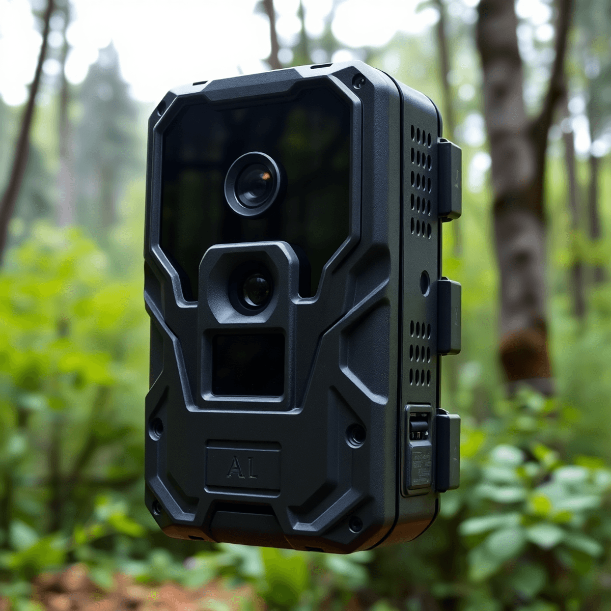 Close-up of a modern trail camera in a lush forest, emphasizing its sleek design and features for wildlife photography.