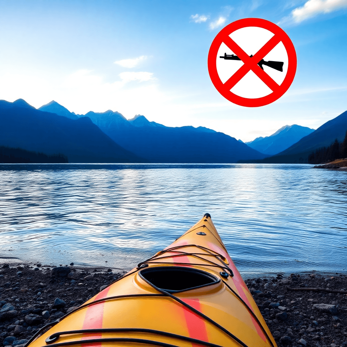 Gunpost A vibrant kayaking scene in British Columbia with mountains and water, featuring a kayak on the shore and a sign indicating firearm safety rules.