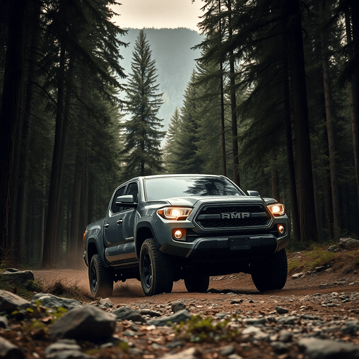 A rugged mid-size truck navigating rocky terrain in a dense forest, surrounded by tall trees, showcasing its off-road capabilities and adventurous spirit.