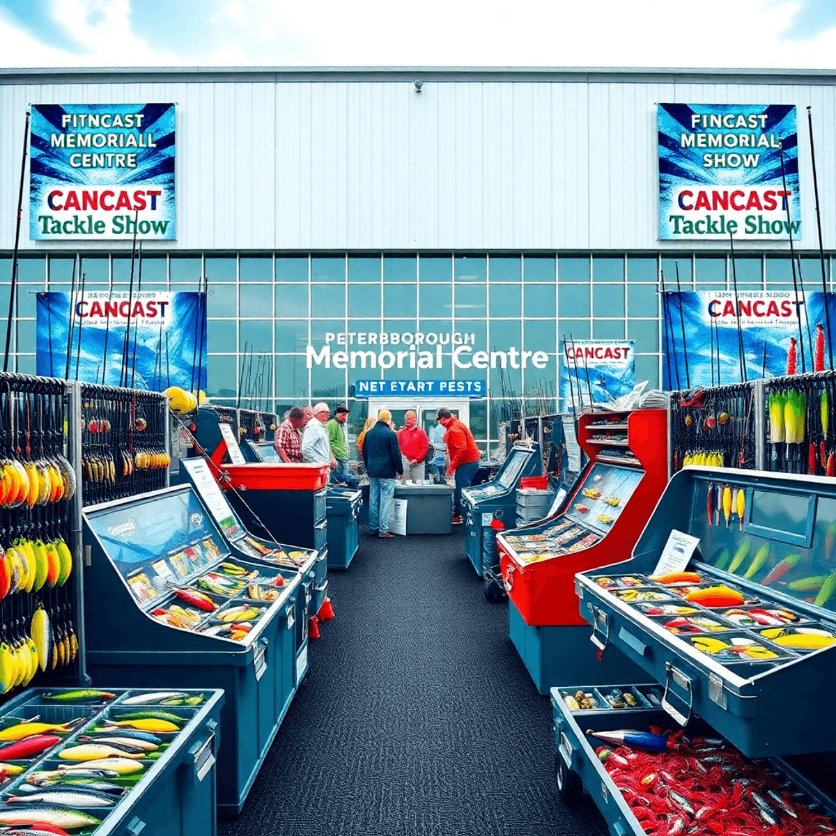 A lively fishing event with various fishing gear, tackle boxes, and colorful lures in front of the Peterborough Memorial Centre, featuring banners for the CANCAST Fishing and Tackle Show.