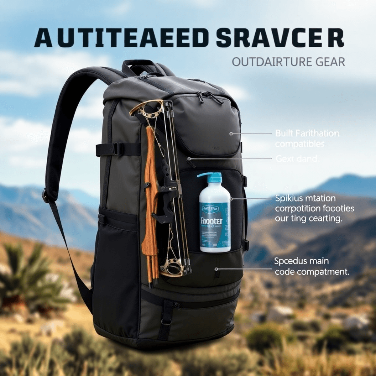 A modern backpack designed for outdoor adventures, featuring a system to carry a bow and rifle, hydration compatibility, and a spacious design.
