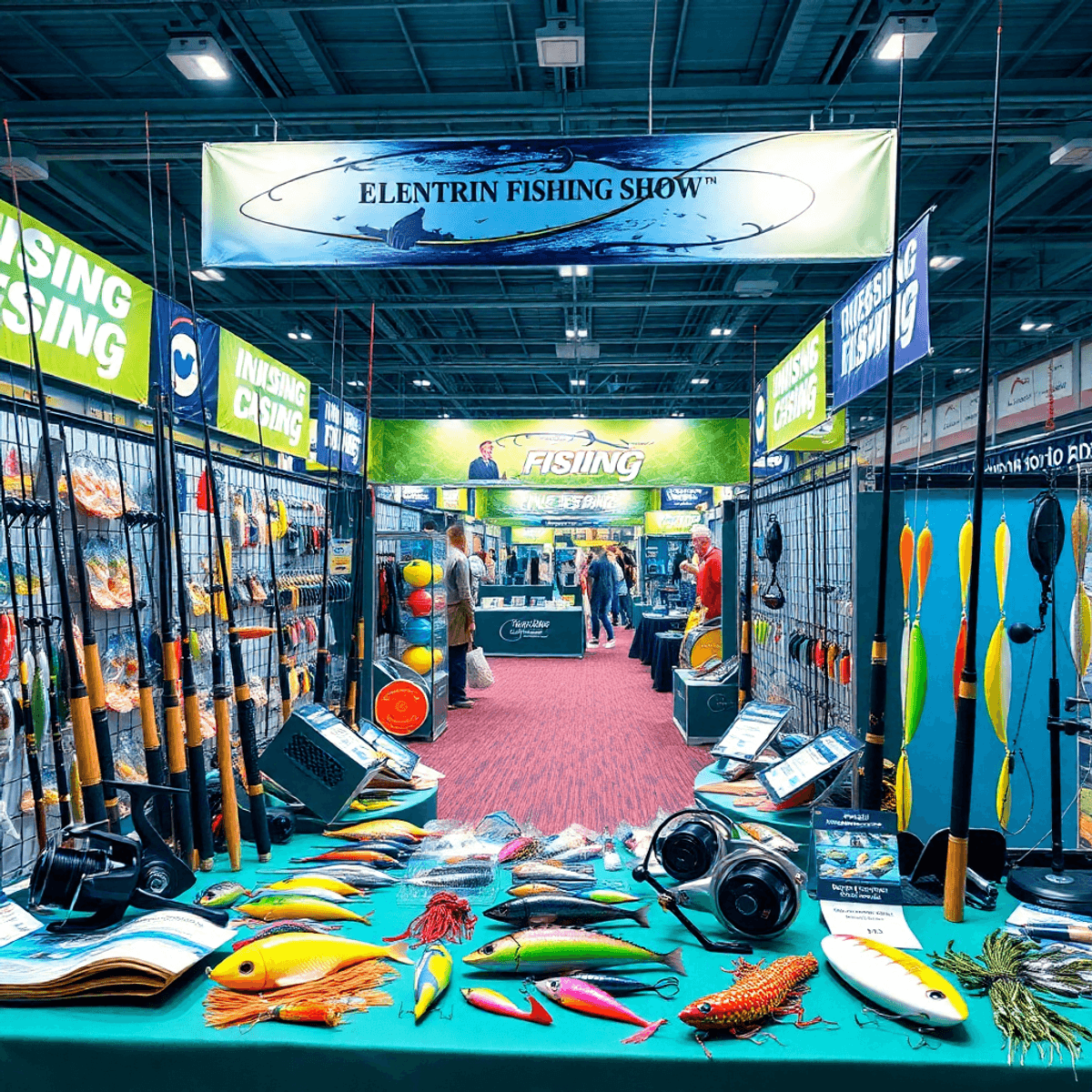 A colorful display of fishing tackle and gear at a trade show, featuring rods, reels, bait, and lures in an inviting expo hall with promotional banners.