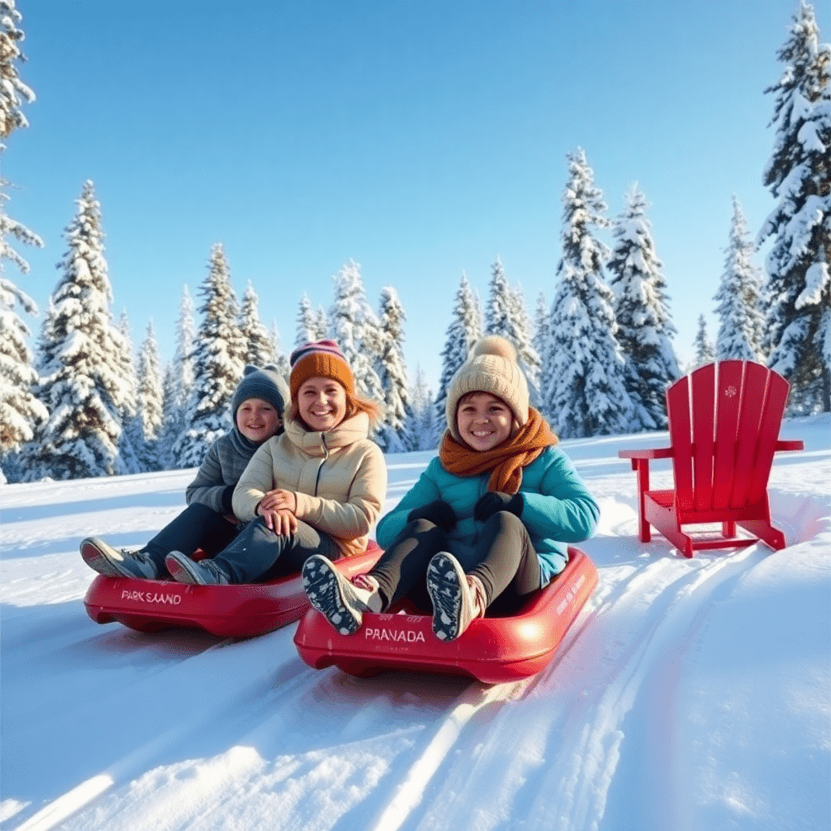 A family tobogganing on gentle slopes in a snowy landscape, surrounded by trees and a clear blue sky, with a cozy red chair from Parks Canada in the background. Elk Island National Park