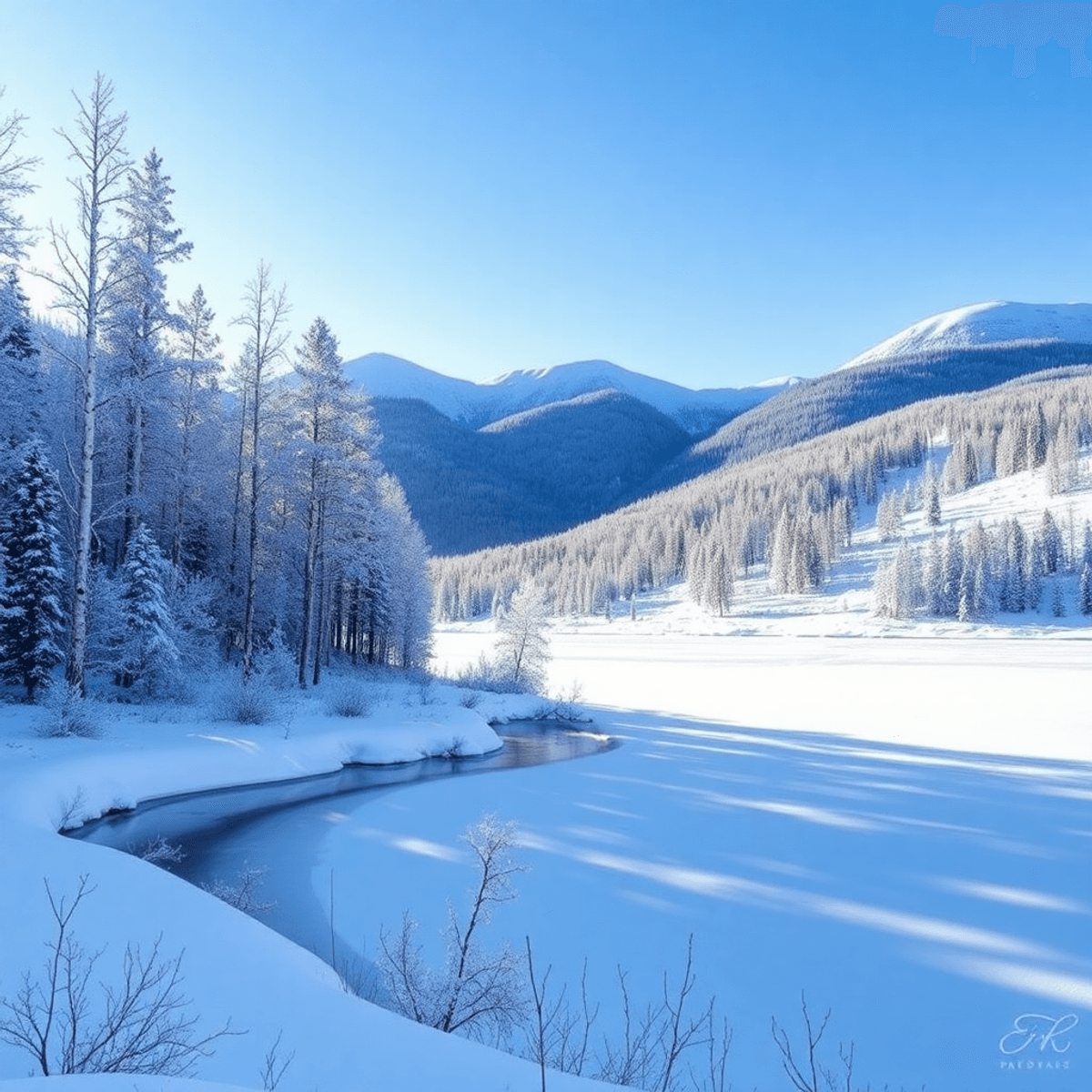A stunning winter landscape of Elk Island National Park, showcasing snow-covered aspen trees, rolling hills of fresh snow, and a frozen lake reflecting serene beauty.