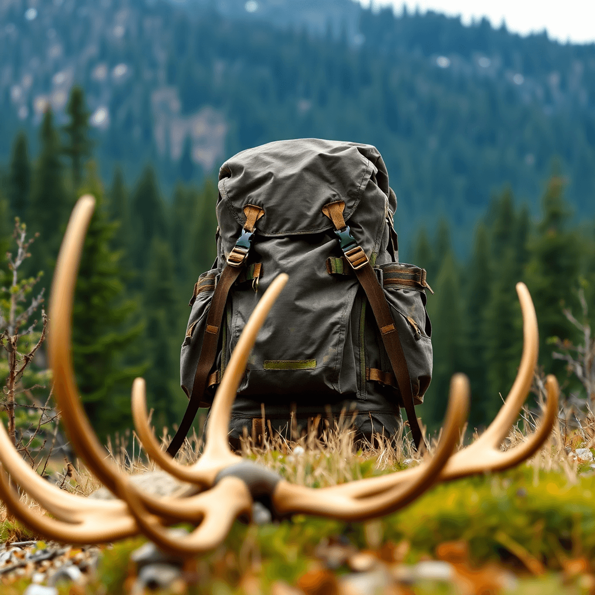 A large external frame rests in a forested landscape, with elk antlers in the foreground, conveying adventure and the thrill of big game.