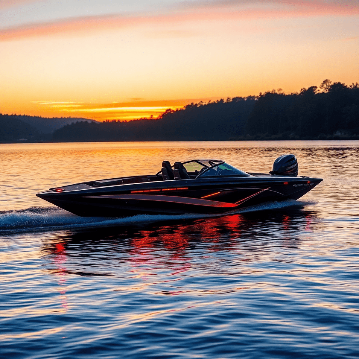 A modern bass fishing boat glides across a serene lake at sunset, highlighting advanced features and vibrant colors reflecting on the water.