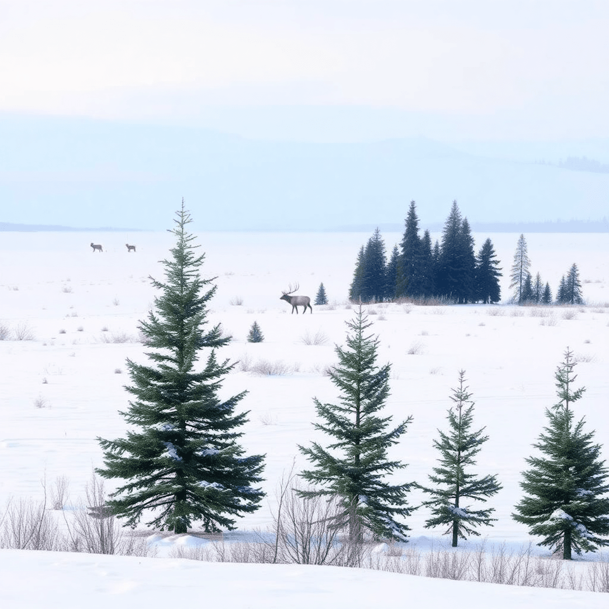A serene winter landscape of Elk Island National Park, featuring a snowy ground, evergreen trees, and a pair of elk in the distance, evoking peace and natural beauty.