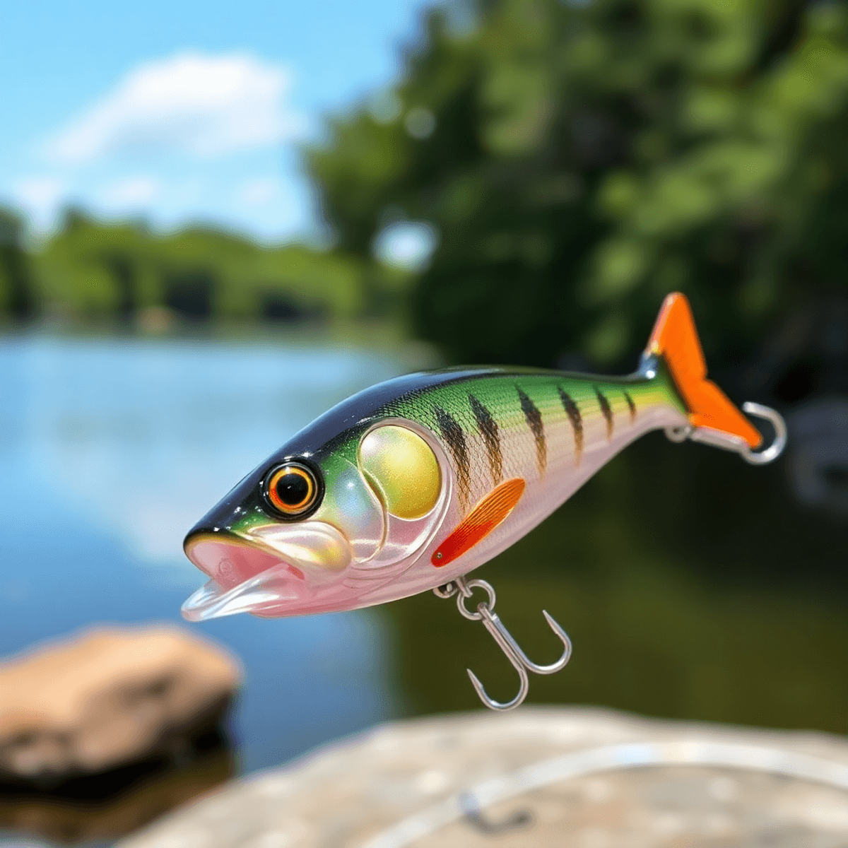 A close-up of a vibrant balsa wood fishing lure against a serene lake backdrop, highlighting its realistic design and colors.