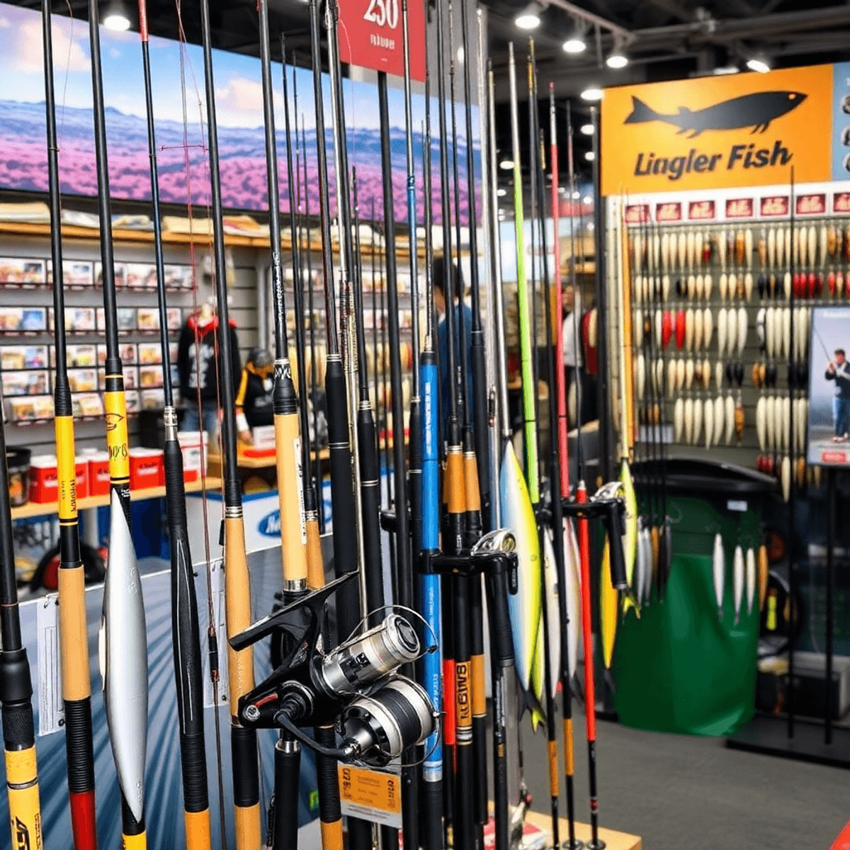 A colorful display of fishing rods, reels, fish finders, and custom lures highlighting the newest fishing gear innovations.