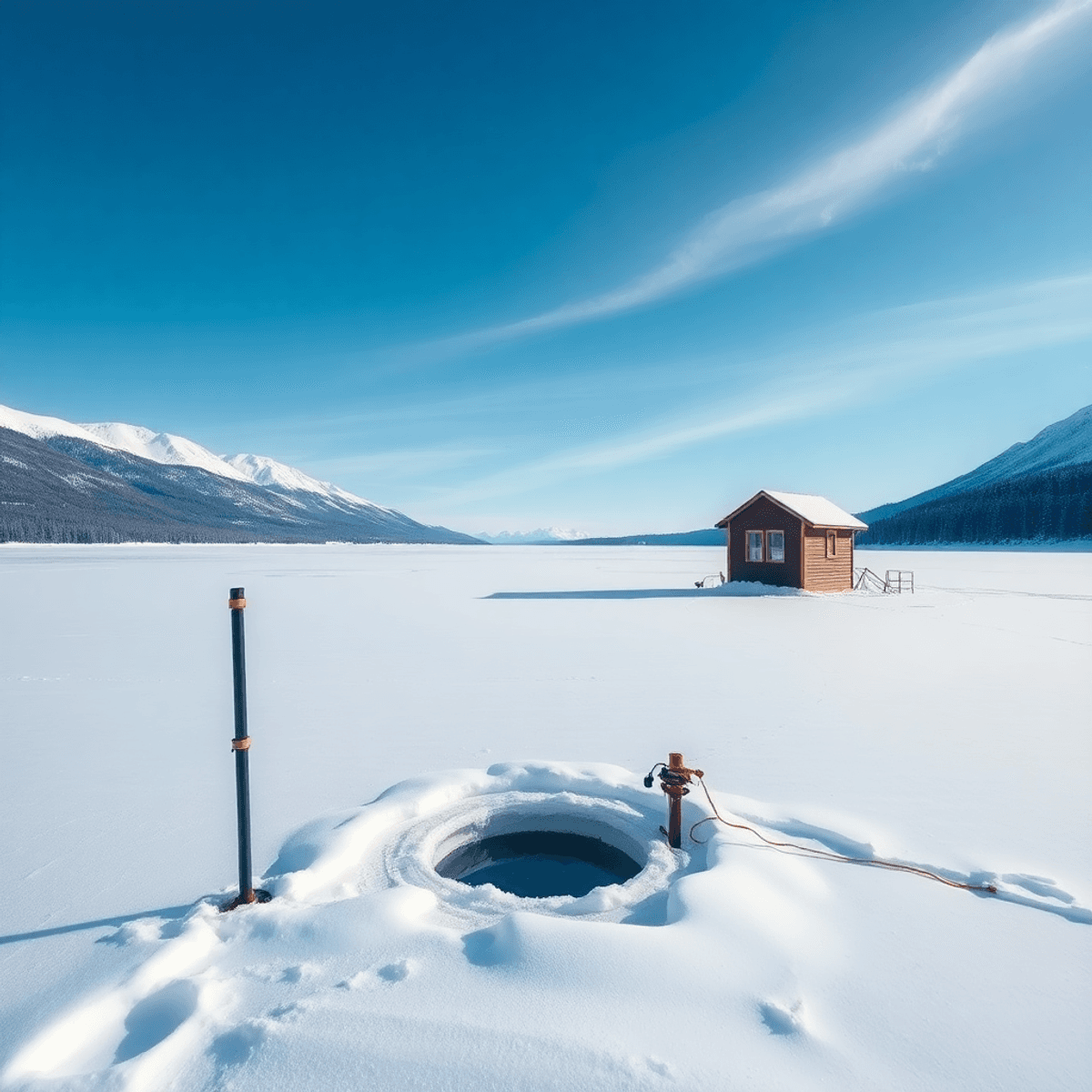 A serene winter landscape featuring a frozen lake, clear blue sky, snow-covered surroundings, ice fishing equipment, and a small ice fishing hut.