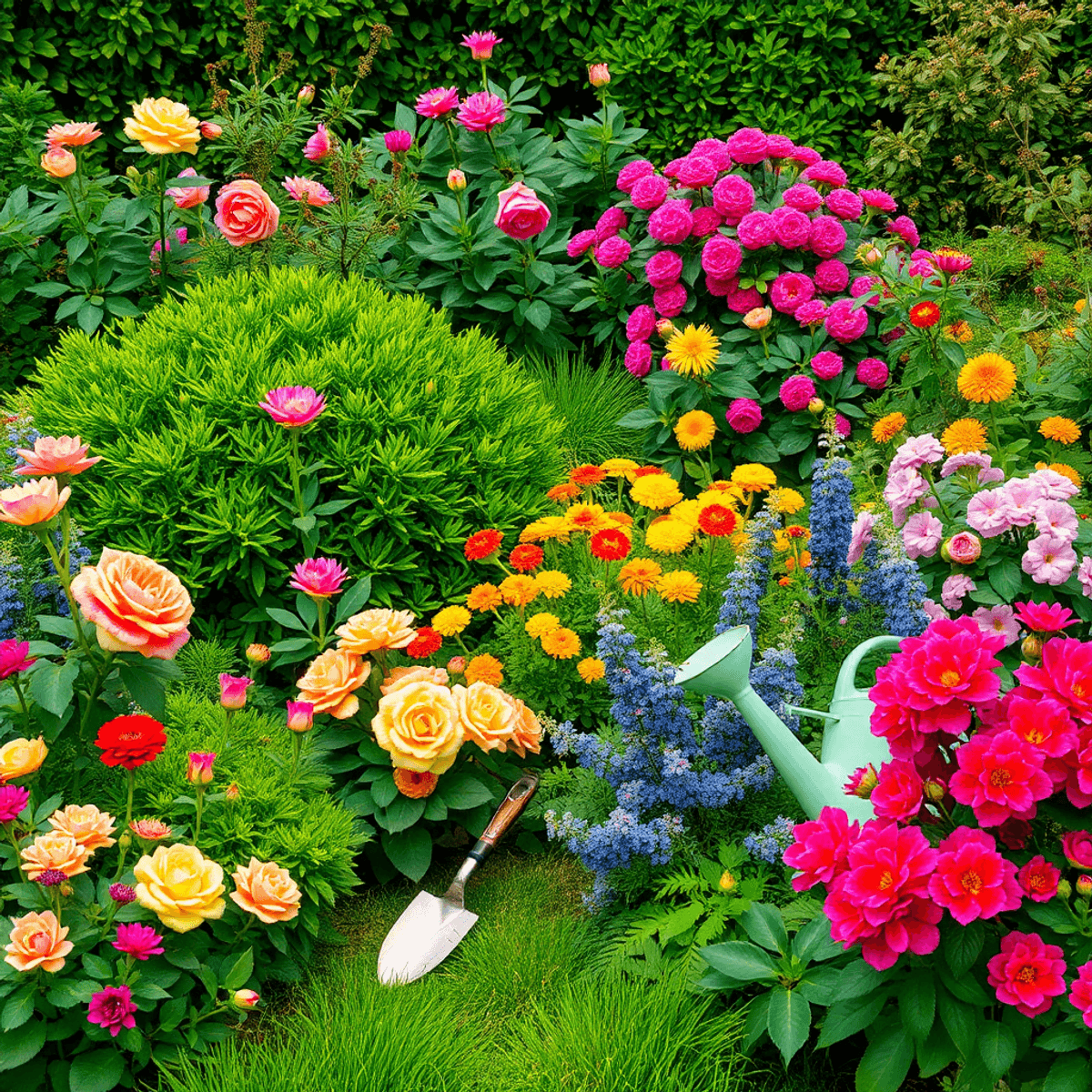 A vibrant garden filled with colorful roses, shrubs, and perennials, surrounded by lush green foliage and gardening tools like a trowel and watering can.