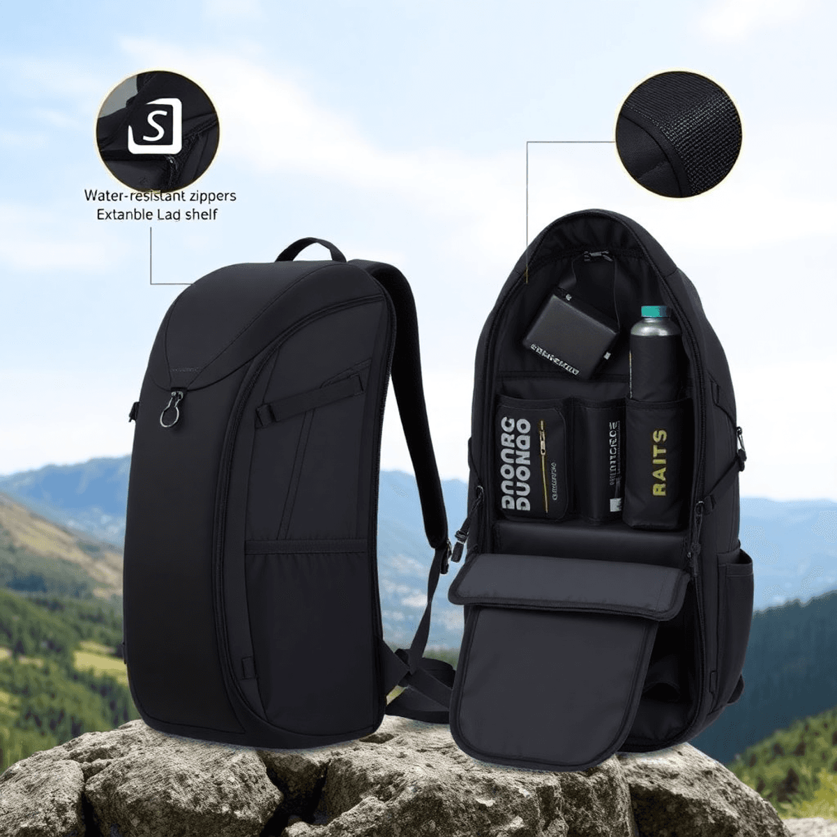 A stylish, modern backpack with roomy compartments and water-resistant zippers, set against a beautiful natural backdrop, highlighting its outdoor features.