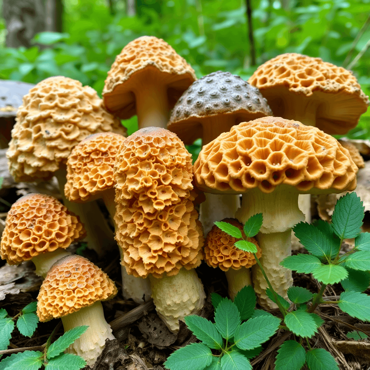 A variety of edible mushrooms, including morels