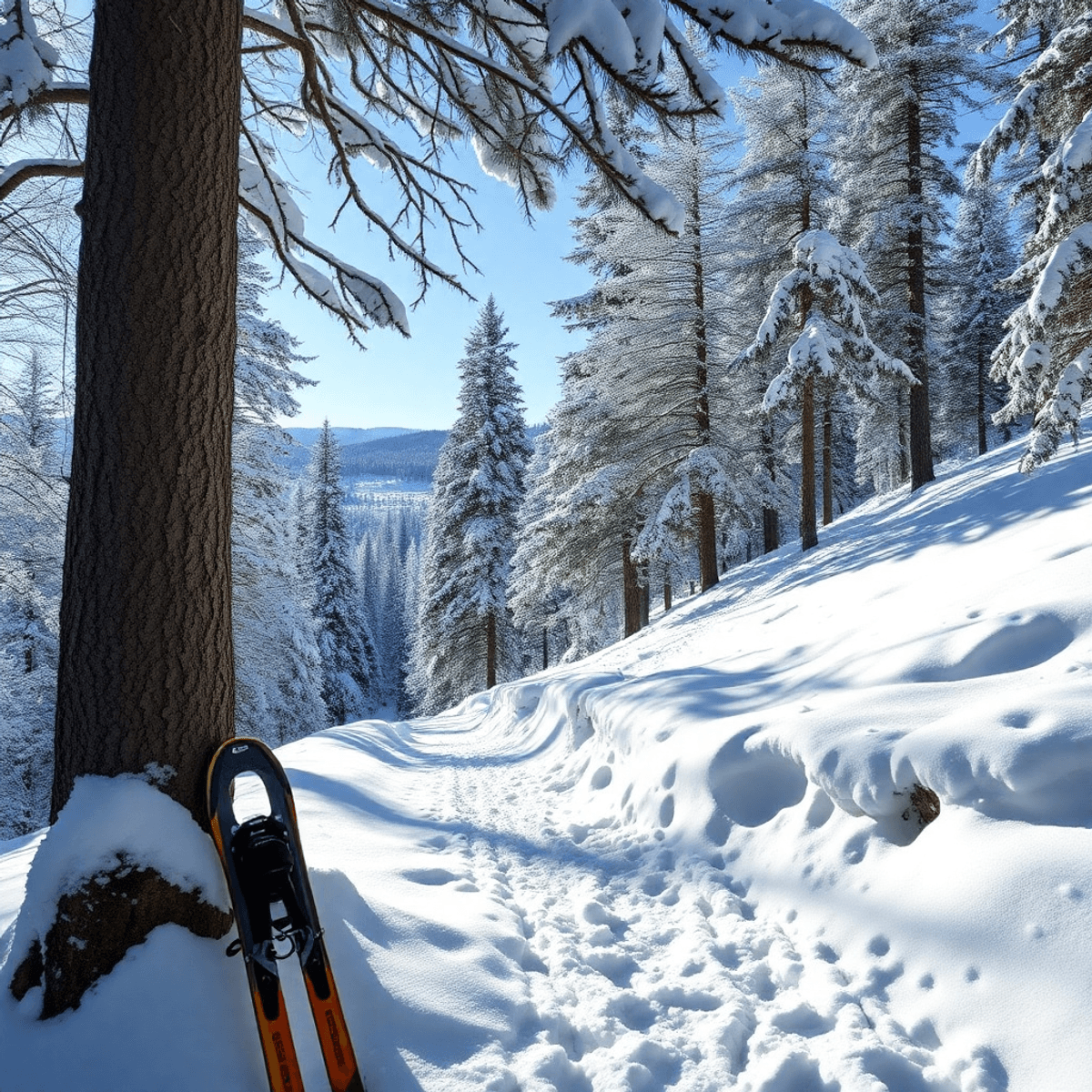 A snow-covered trail winds through a serene forest, with snowshoes and cross-country skis leaning against a tree in a bright, inviting winter elk island national park winter landscape.