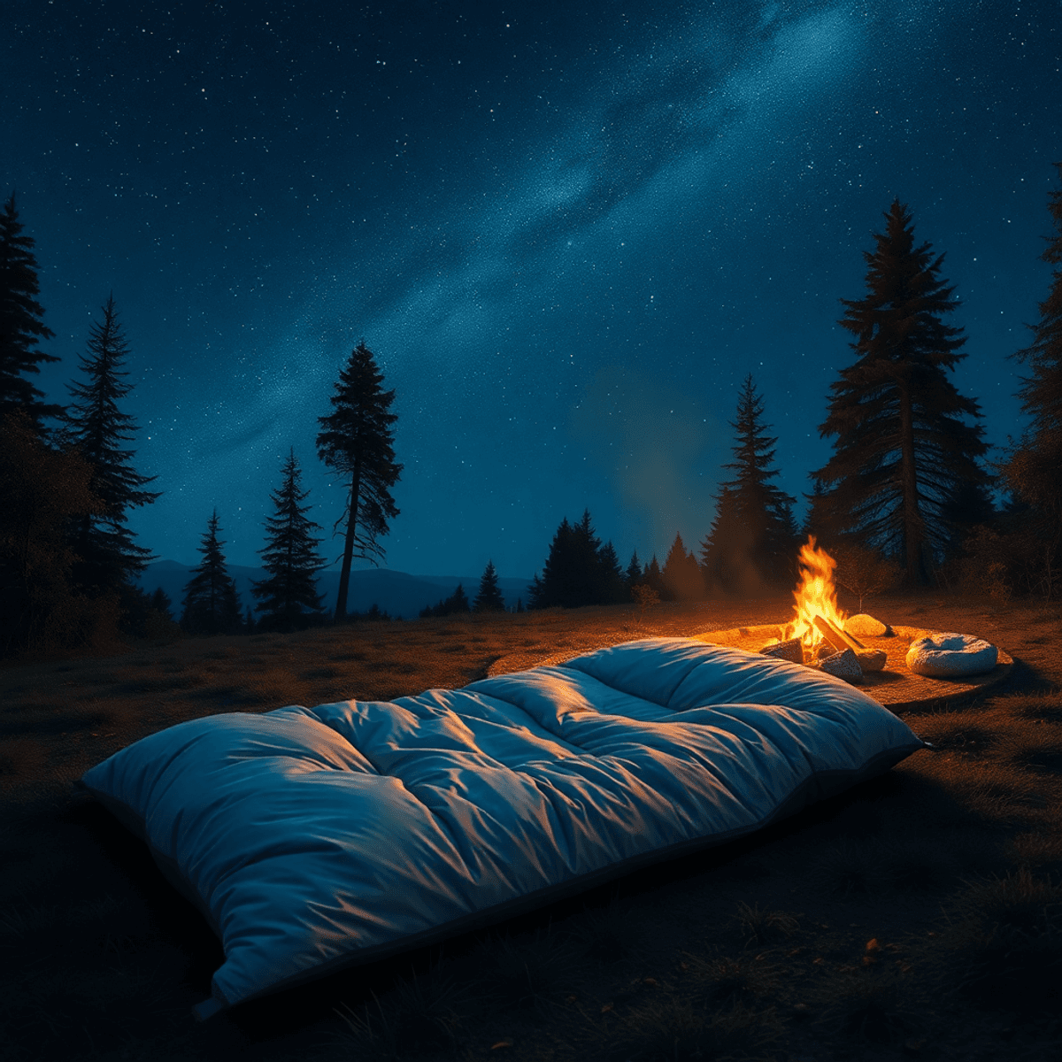 A cozy sleeping bag under a starry sky, with a glowing campfire nearby, surrounded by trees, creating a tranquil camping atmosphere.