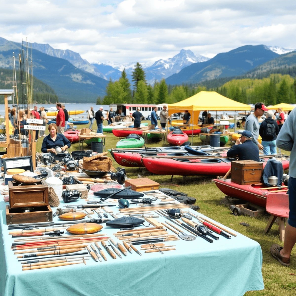 A lively outdoor tackle swap event with tables of fishing gear, vintage collectibles, and kayaks, set against stunning Canadian mountains and lakes.