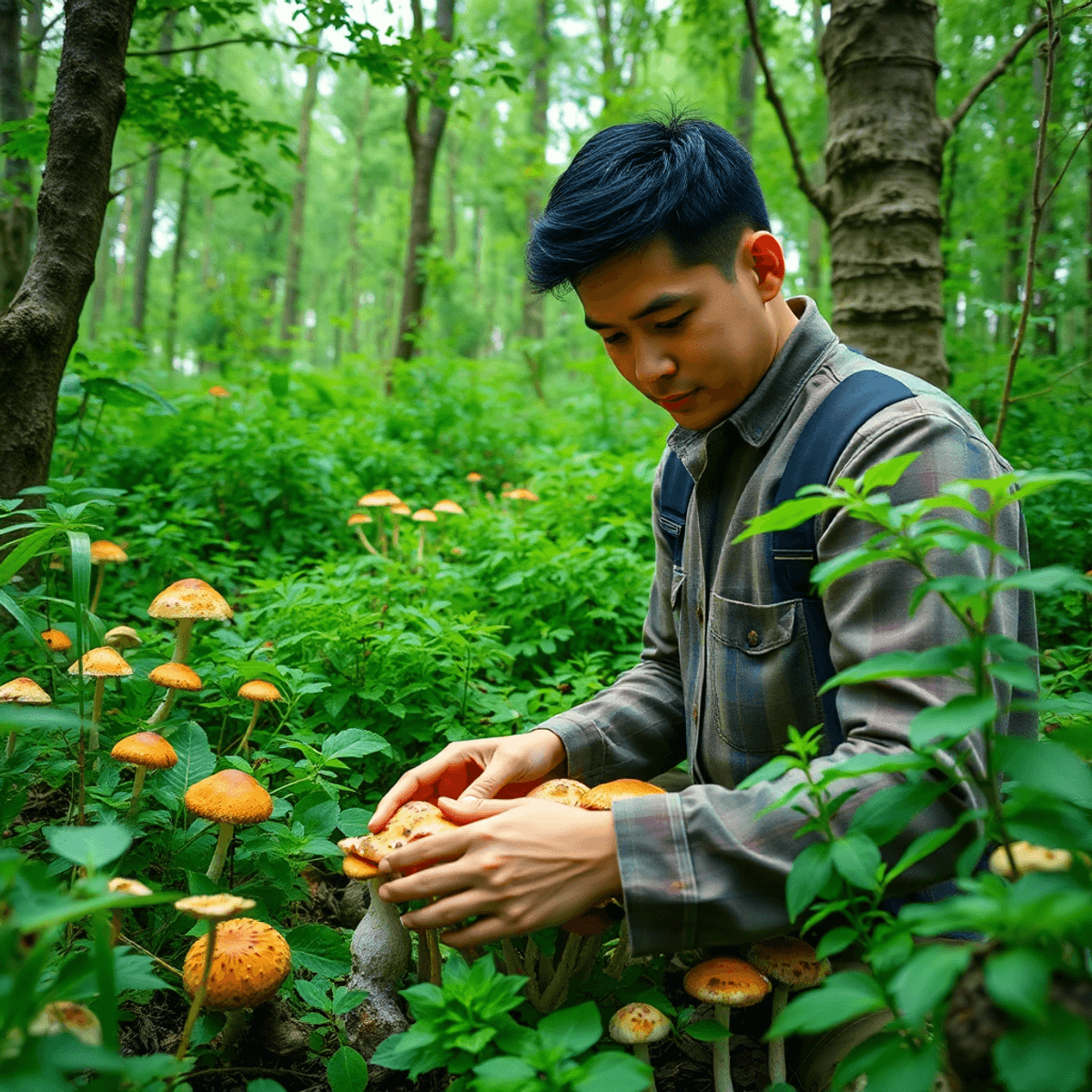 A person foraging for mushrooms
