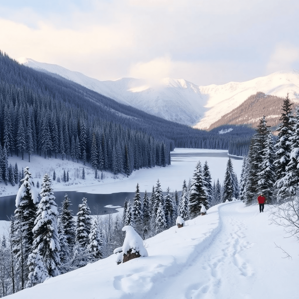 A snow-covered trail winds through a dense forest with rolling hills in the background, a frozen lake in the foreground, and wildlife tracks in the snow.