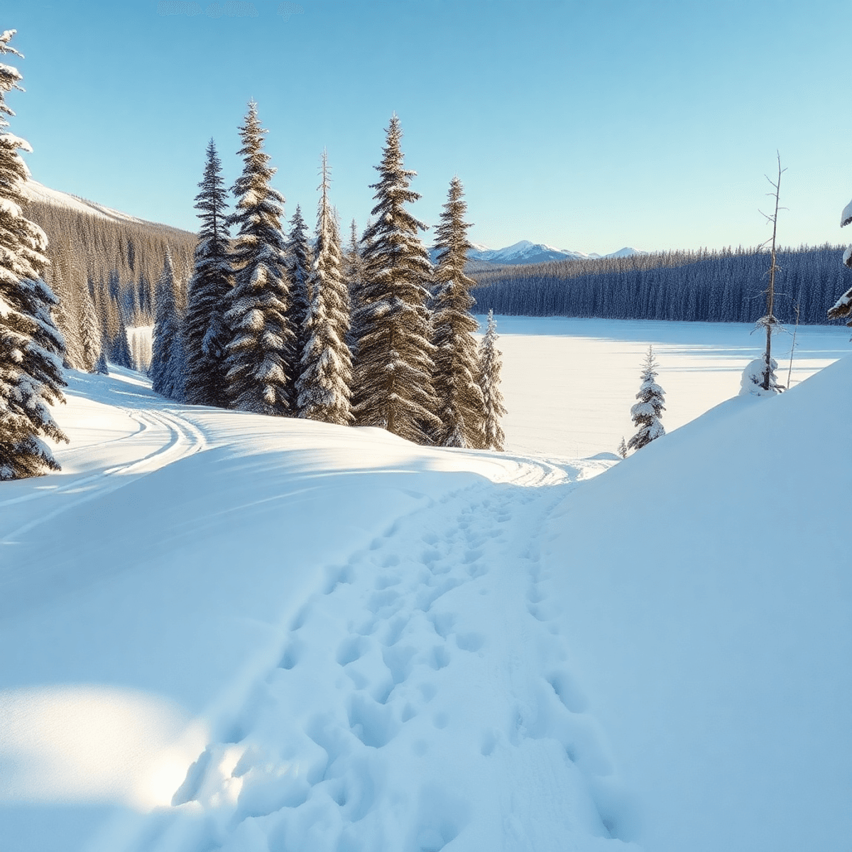 A snowy trail winds through a tranquil forest, with snow-covered trees and a frozen lake reflecting a clear blue sky, hinting at wildlife tracks in the snow.