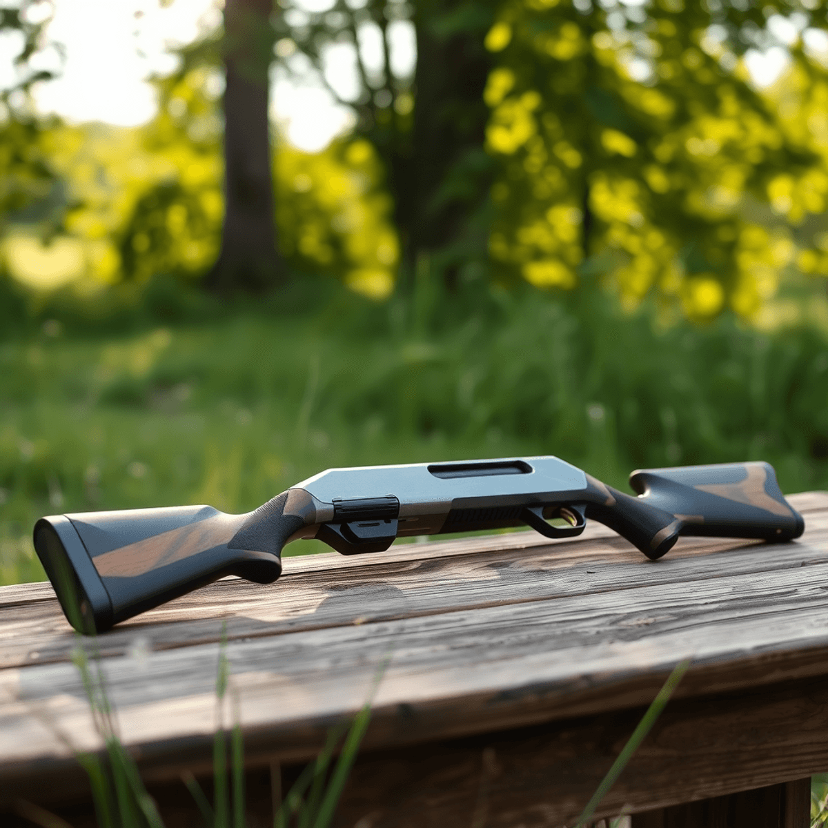 A modern shotgun on a wooden table, surrounded by grass and trees, with soft sunlight filtering through leaves, conveying adventure and precision in shooting sports.