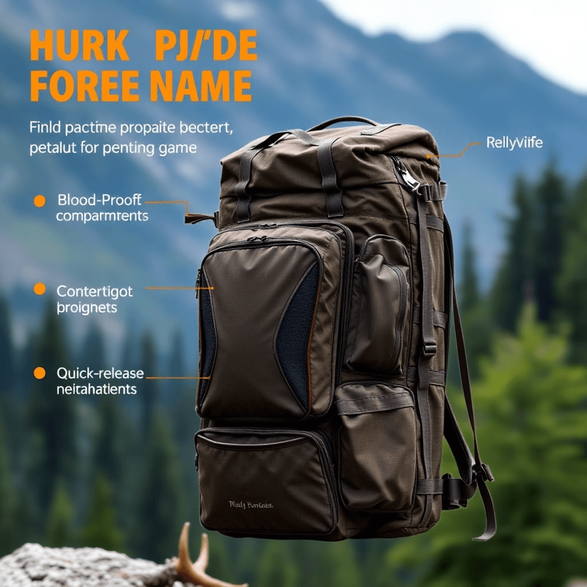 A tough hunting backpack with blood-proof compartments and a quick-release frame, shown in a forest, highlighting its durable materials and smart design.