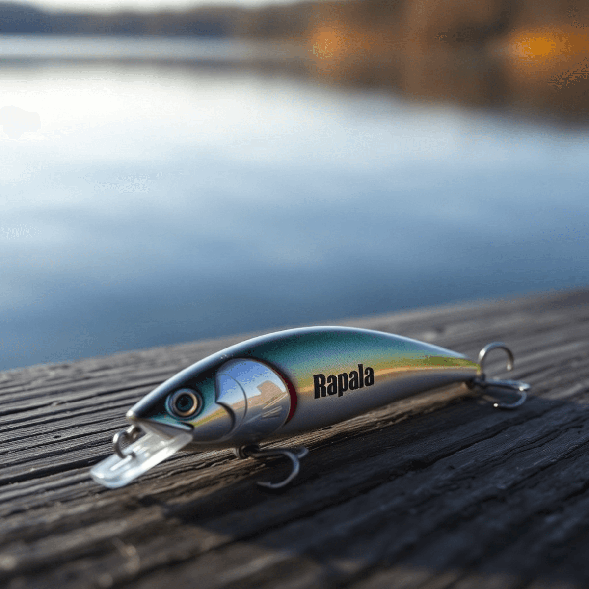 A close-up of a Rapala Husky Jerk fishing lure on a wooden dock, with a calm cold-water lake and soft morning light in the background.