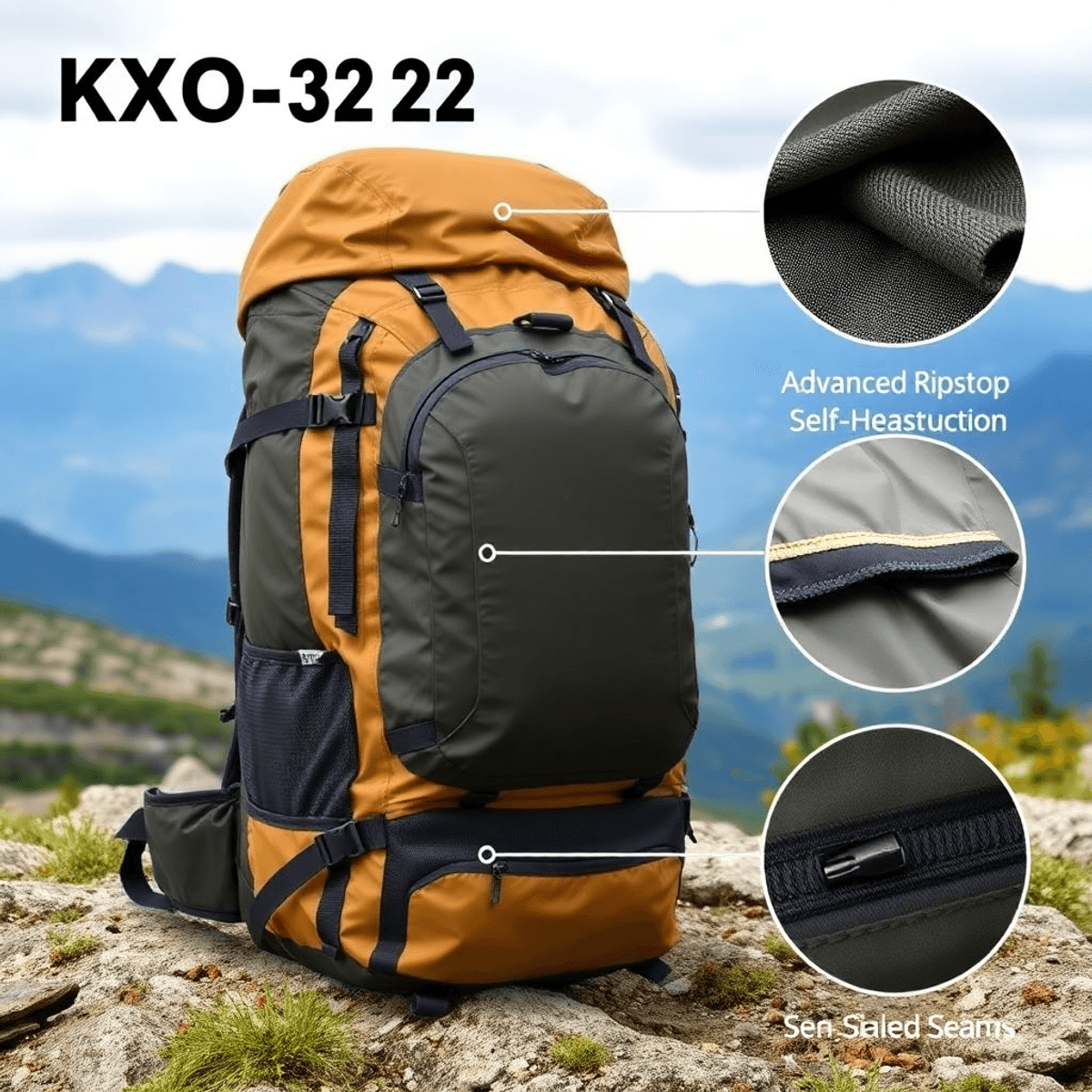 A tough outdoor backpack made from KXO-32™ fabric that is waterproof and can repair itself, set in a beautiful outdoor location perfect for adventure.