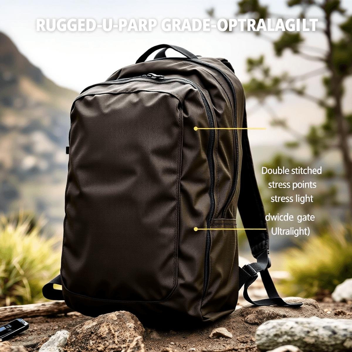 A rugged military-grade backpack made from 500D Cordura fabric, highlighting double-stitched stress points and ultralight features against a natural outdoor backdrop.