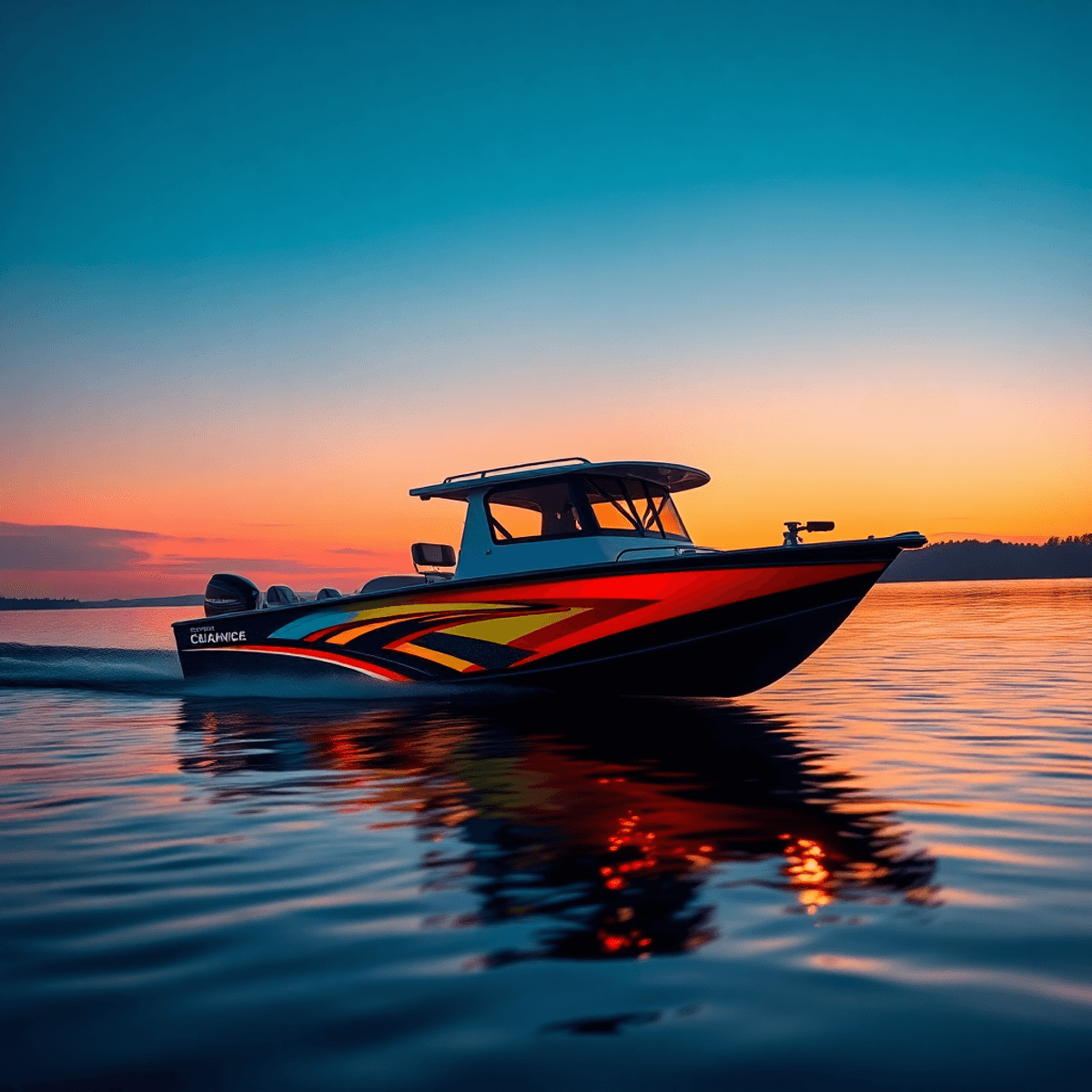 A modern bass fishing boat glides across a calm lake at sunset, displaying vibrant colors and advanced features, with shimmering reflections on the water's surface.