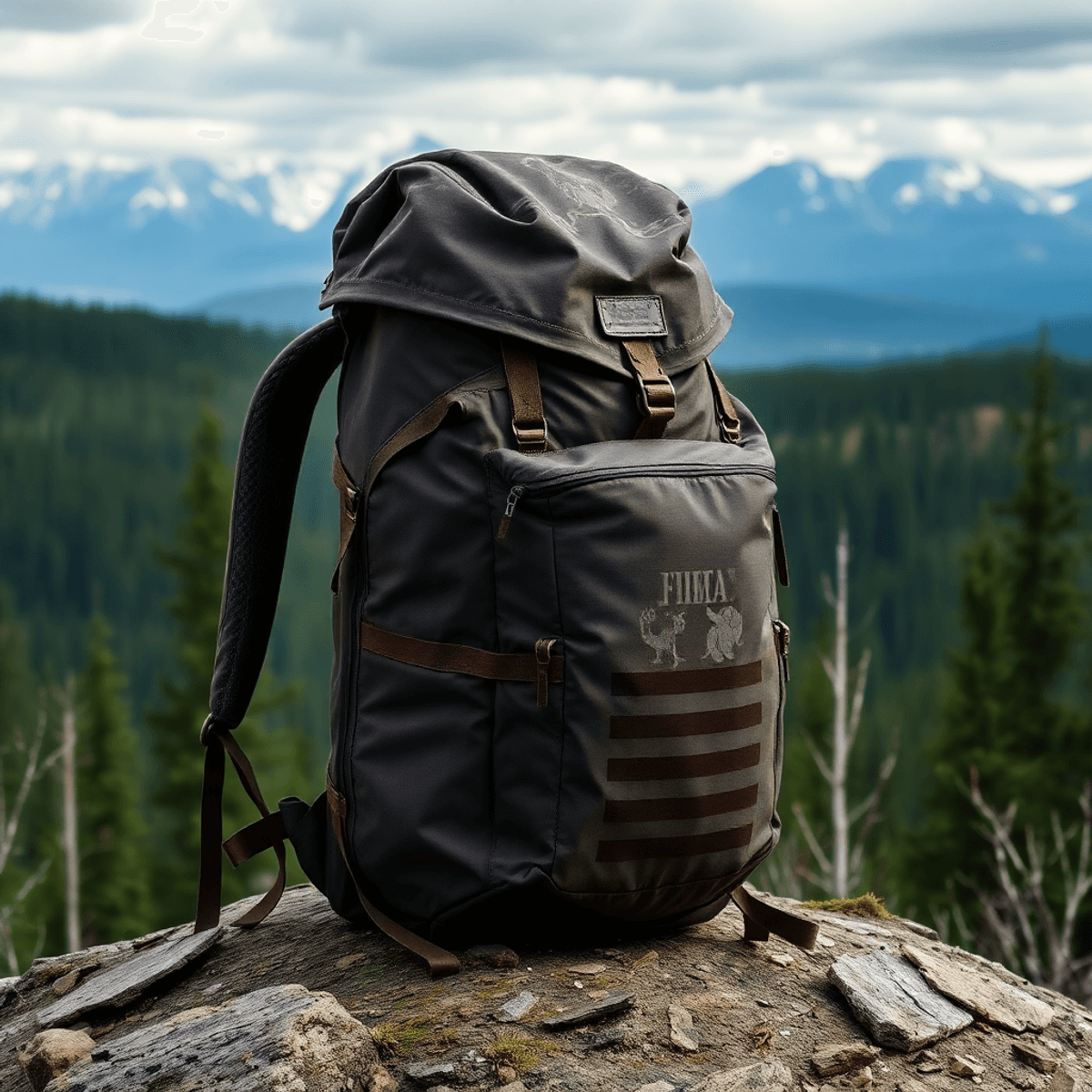 A hunting backpack sits against a backdrop of thick forests and distant mountains in the Canadian wilderness, showcasing its strength and adventurous spirit.