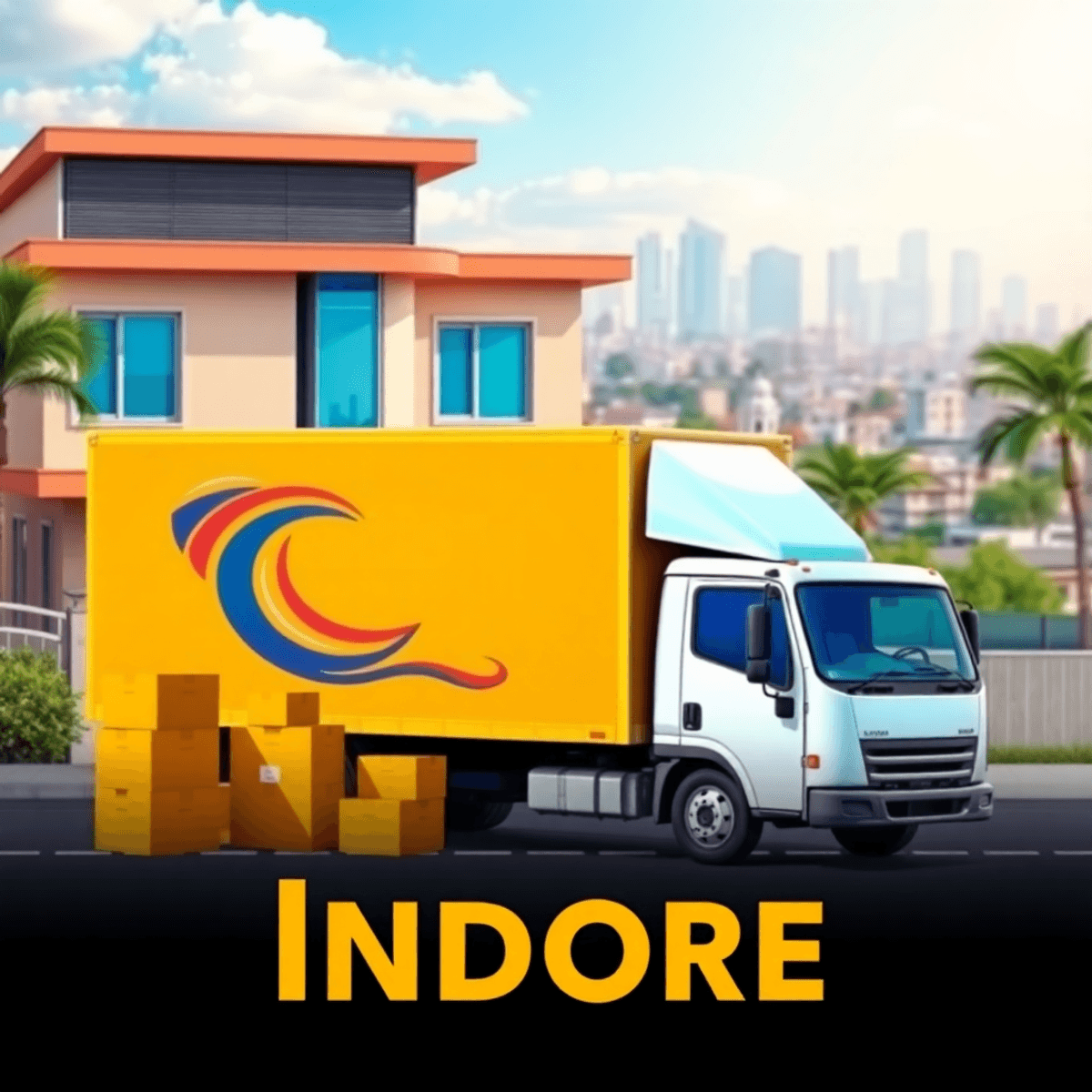 A moving truck parked in front of a modern home, with neatly stacked boxes beside it, set against a vibrant cityscape and clear blue sky.