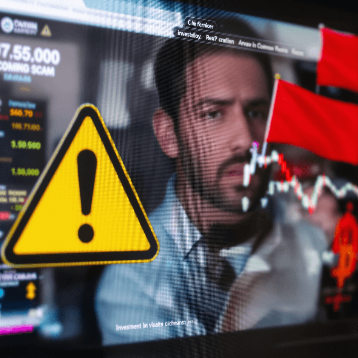Close-up of a computer screen showing a cryptocurrency trading platform with warning signs, while a blurred worried investor looks on, highlighting investment caution.