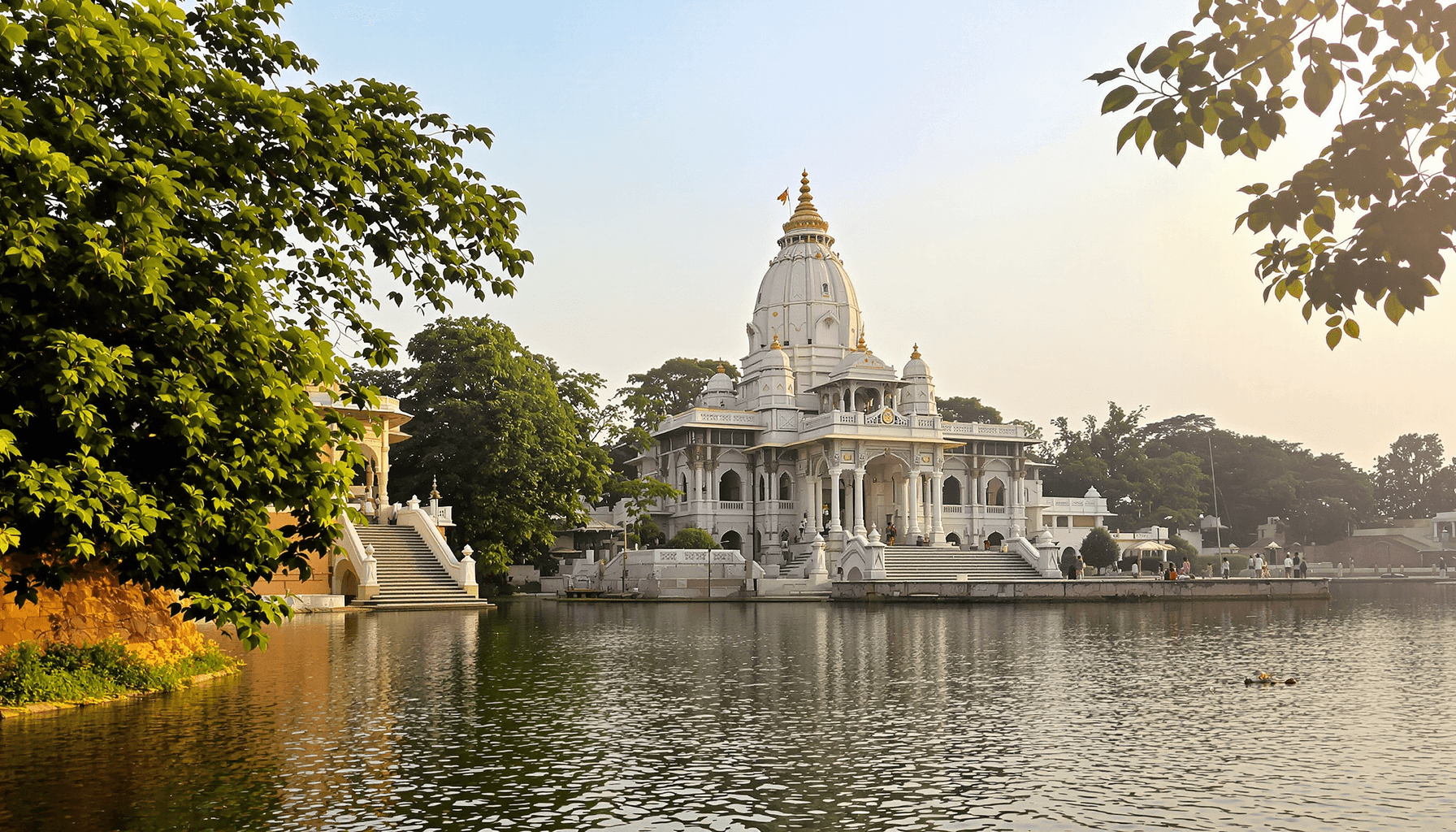 Kuber Bhandari Temple in Karnali 2 A tranquil view of Kuber Bhandari Temple by the Narmada River, featuring intricate traditional architecture, lush greenery, and soft morning light, evoking spirituality.