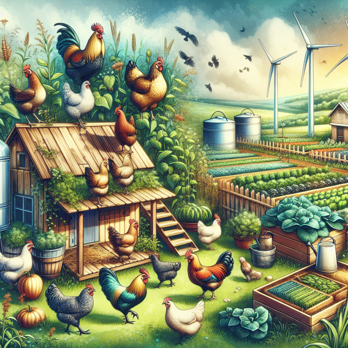 Heritage breed chickens freely roaming around a wooden coop, with wind turbines and a vegetable garden in the background.