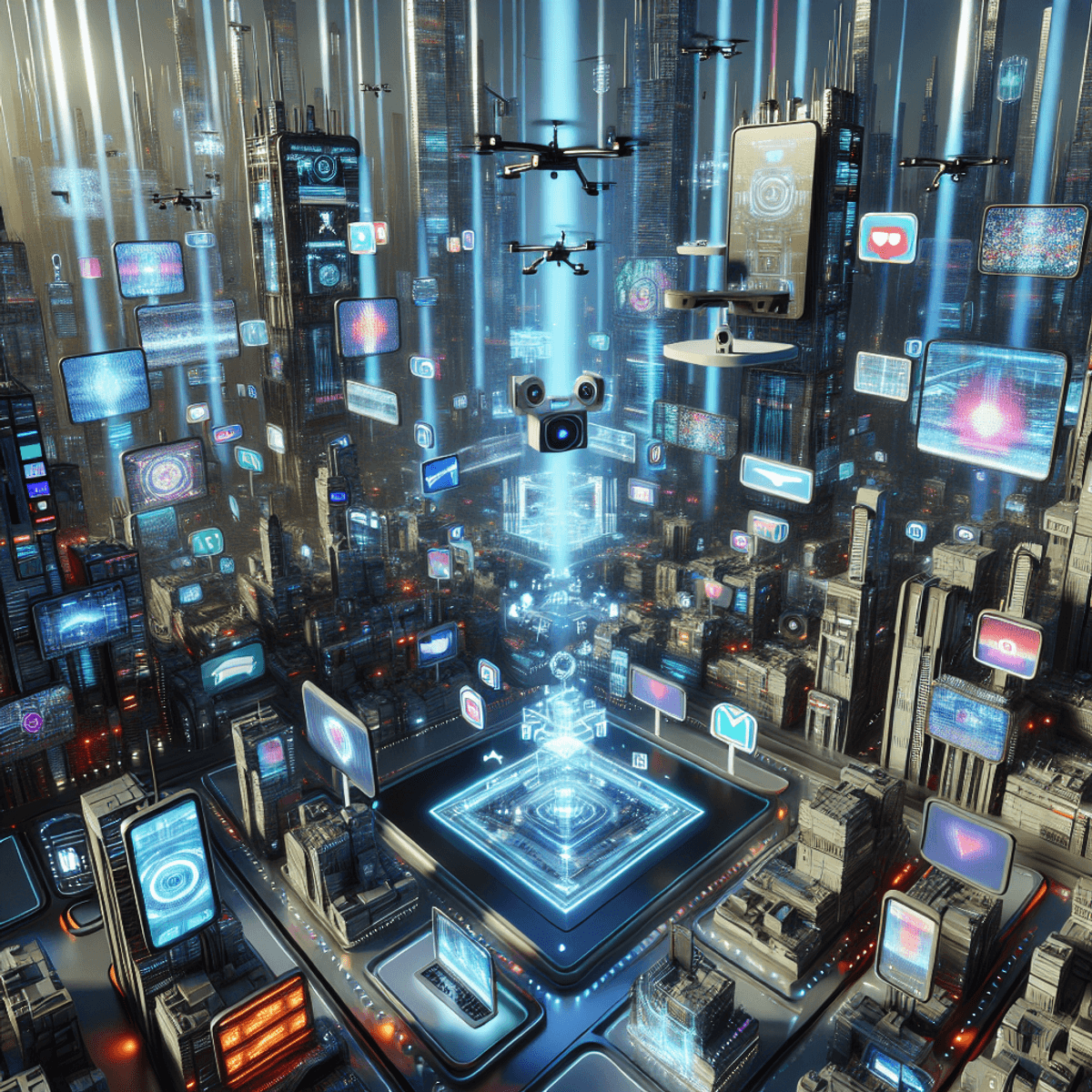 A futuristic cityscape filled with neon signs, drones, and holographic screens.