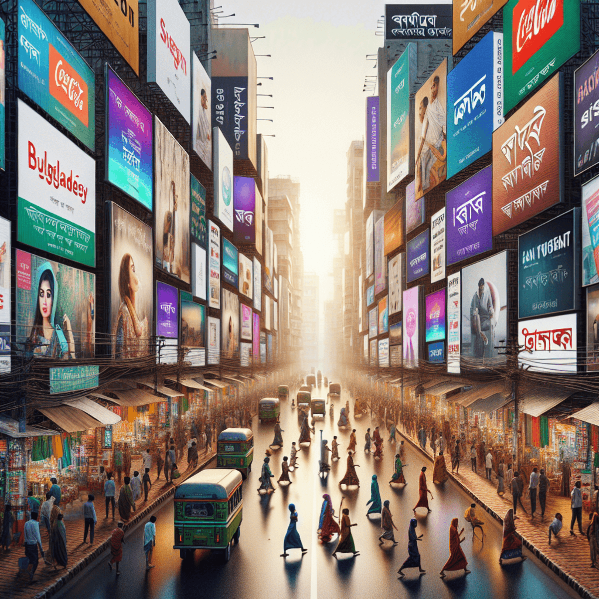 A vibrant street scene in Bangladesh filled with a mix of digital and static billboards, showcasing colorful advertisements. South Asian men and women of various ages are interacting with the displays, creating a lively atmosphere. The street is bustling with activity, reflecting the dynamic urban environment and the significant role of outdoor advertising in everyday life.billboard advertising in Bangladesh With your Trusted advertising agency: Digital Billboard BD