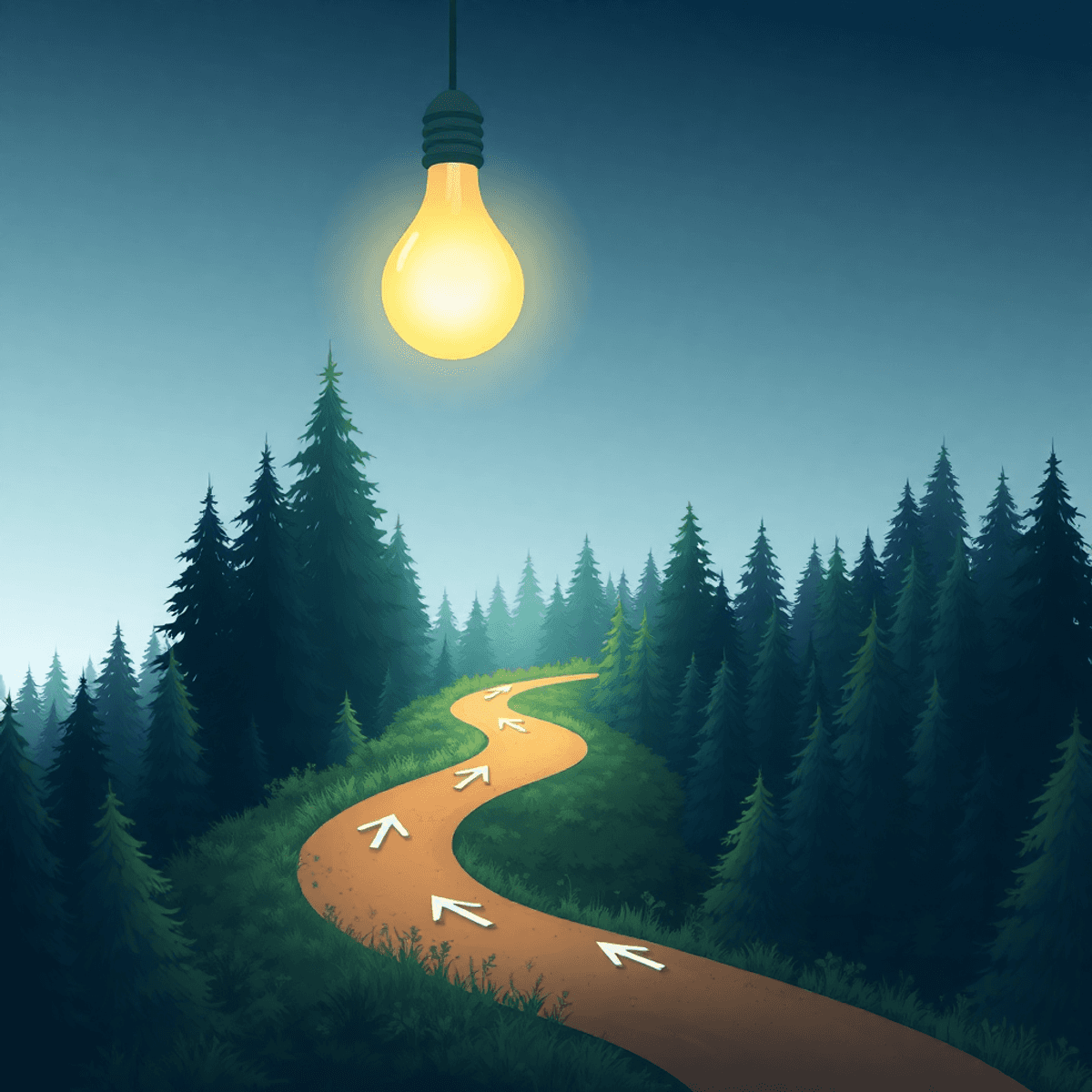 A glowing lightbulb above a winding forest path with subtle arrows, symbolizing clarity and guidance under a calm sky in a realistic style.
