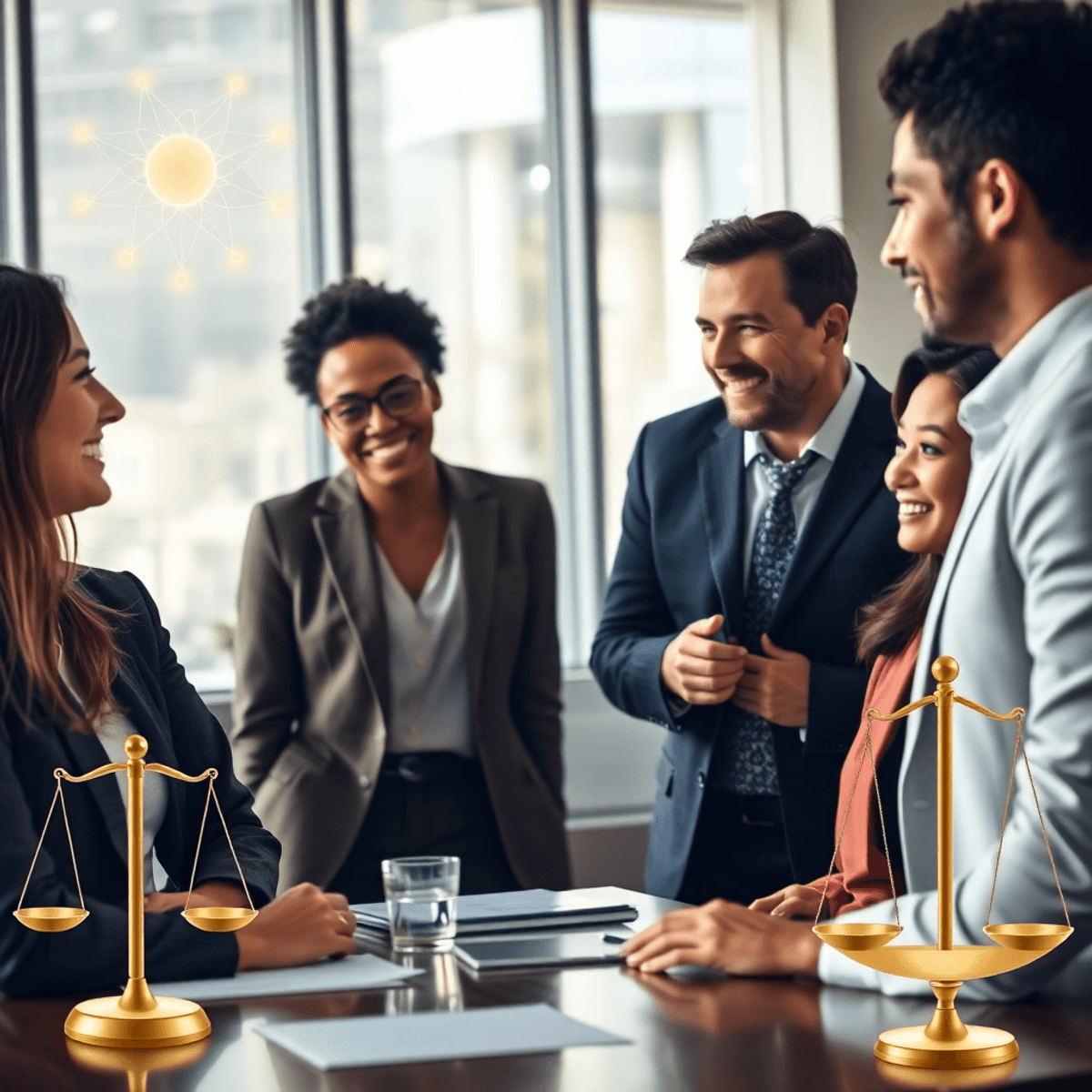 Business leaders in a modern office, engaged in discussion with glowing interconnected nodes and balanced scales symbolizing emotional intelligence and thoughtful risk-taking.
