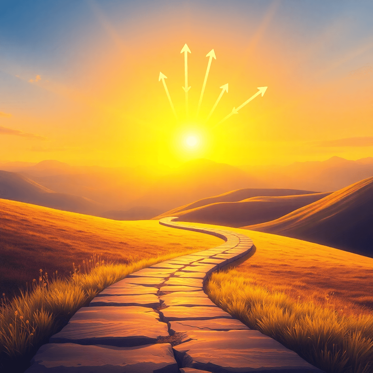 Sunrise over a winding path with abstract arrows and light beams in a vibrant, optimistic landscape.