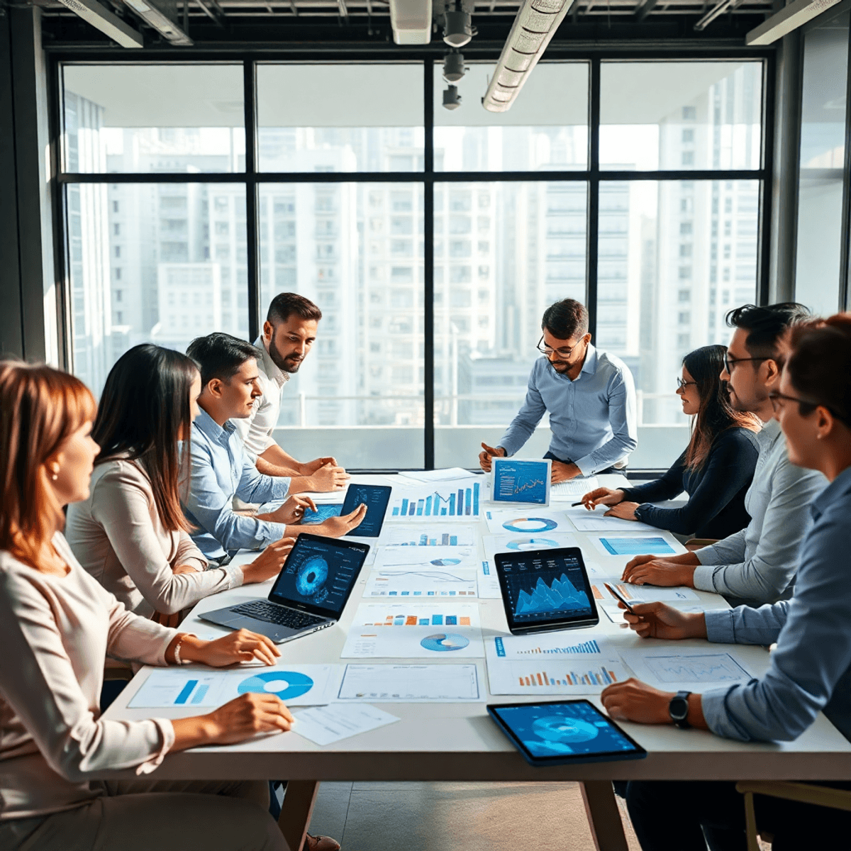 A modern office with professionals collaborating around a table covered in charts, graphs, and digital devices showing data visualizations.