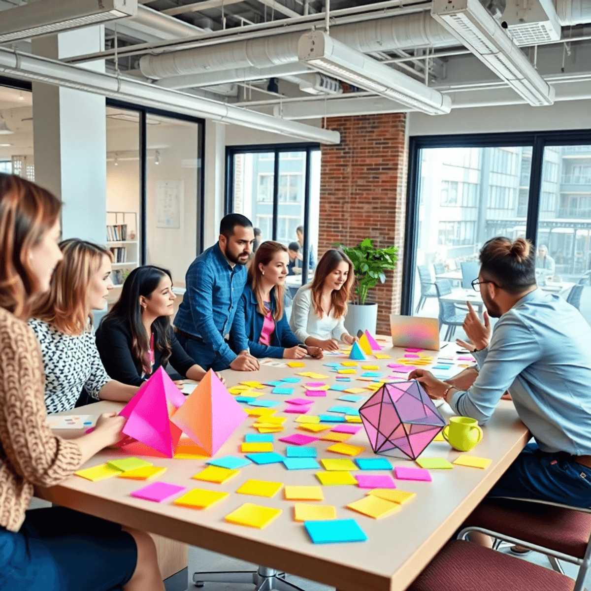 A bright modern office with a diverse team discussing around a table covered in colorful sticky notes and abstract shapes, bathed in natural light.