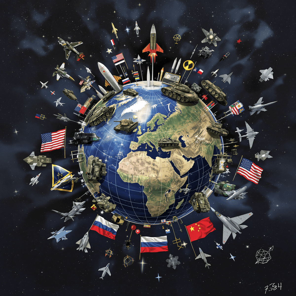 एक ग्लोब जो टैंकों, जेट्स, मिसाइलों और साइबर प्रतीकों से घिरा हुआ है, जिसमें अमेरिका, रूस और चीन के झंडे हैं, वैश्विक संघर्ष की अंधेरी, तनावपूर्ण पृष्ठभूमि के खिलाफ।