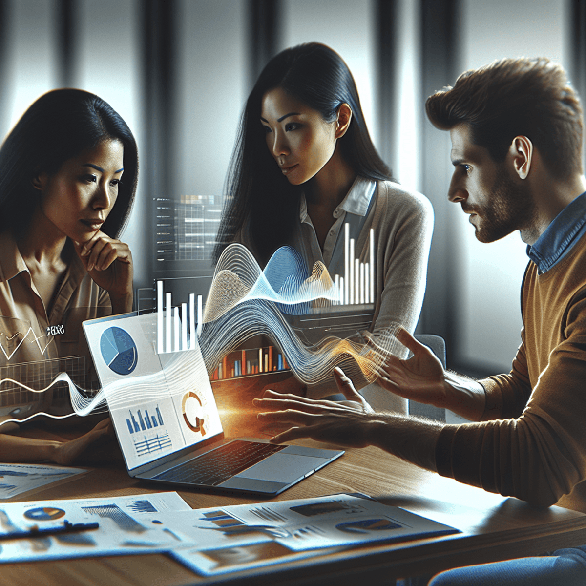A Caucasian woman, a Hispanic man, and an Asian woman collaborate around a laptop in a bright office, discussing digital marketing strategies. The laptop screen shows abstract sine wave graphs and bar charts, reflecting their focus on enhancing organic web traffic.