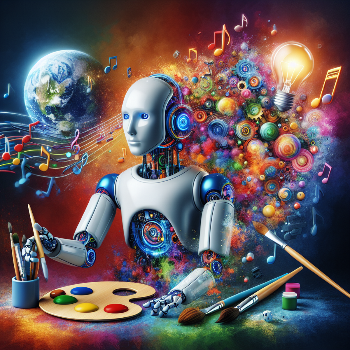 A humanoid AI robot surrounded by vibrant colors, musical notes, a light bulb, a paintbrush, and a globe.