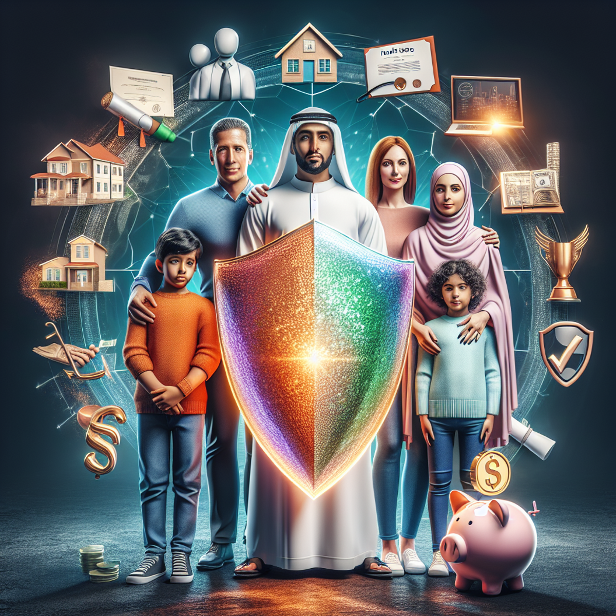 A diverse family huddled together under a radiant, translucent shield, surrounded by symbols of financial security and prosperity.